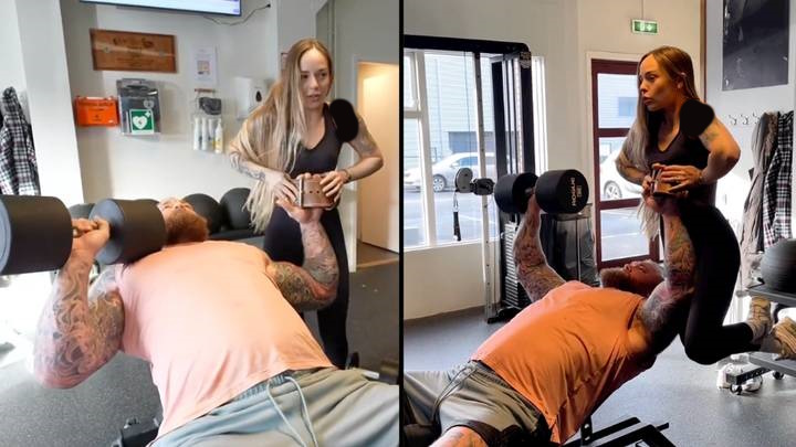 قوی&zwnj;ترین مرد جهان از همسرش به عنوان دمبل استفاده می کند!